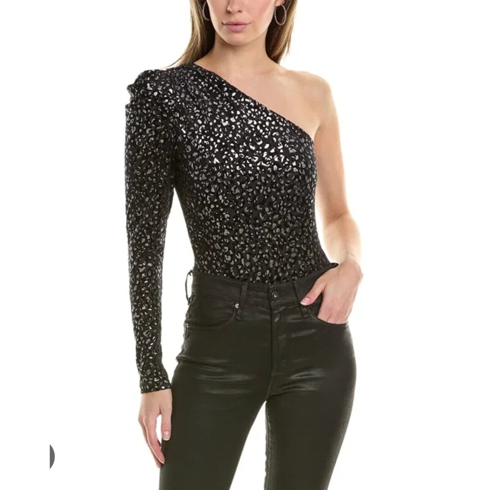 AllSaints Daphne Animal Bodysuit Black Shimmer One Shoulder Long Sleeve US 0 NEW